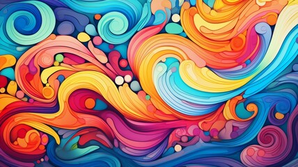 a wavy background adorned with whimsical spirals and curls, creating a cheerful and lively visual experience, like a joyful dance of colors and shapes.