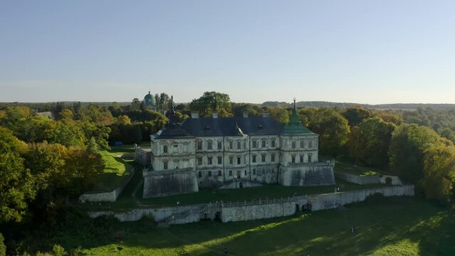 Aerial drone view. Castle fortress Of Pidhirtsi. Wide