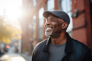Mature black man smiling happy on city street
