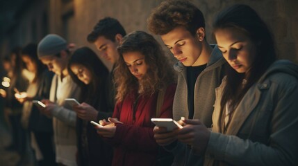 Group of young people using smart mobile phone device outside - Teenagers addicted to social media - College students watching smartphone in university campus - obrazy, fototapety, plakaty