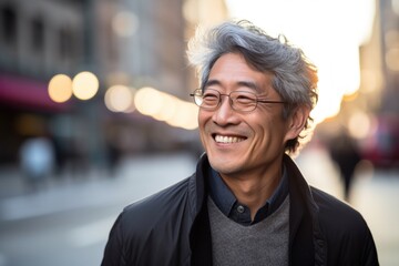 Mature asian man smiling happy on city street - obrazy, fototapety, plakaty