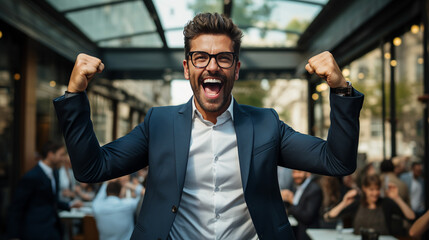 Portrait of a happy businessman celebrating success. AI Generative