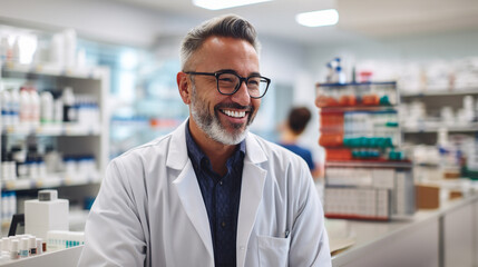 Portrait of smiling mature male pharmacist standing in pharmacy. AI Generative - obrazy, fototapety, plakaty