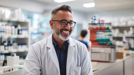 Fotobehang Portrait of smiling mature male pharmacist standing in pharmacy. AI Generative © k_e_n