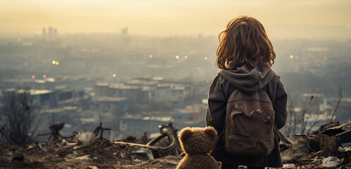 A little girl with a teddy bear looks from the top of a hill at the endless destroyed city. Generative AI