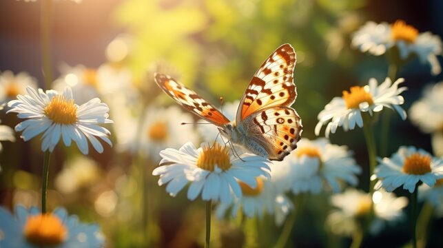 Close up High-resolution image of butterfly on daisy flower. Generative AI.