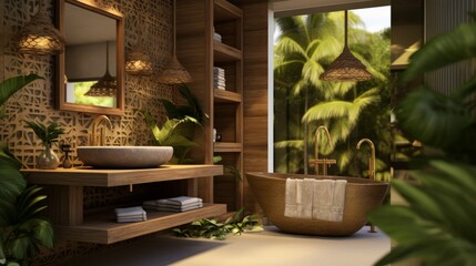 tropical resort natural design and ideas colour scheme bathroom home interior design concept wiiden decorate material with tree garden and rustic element house beautiful design background - obrazy, fototapety, plakaty