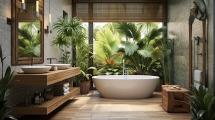 Fototapeta na wymiar tropical resort natural design and ideas colour scheme bathroom home interior design concept wiiden decorate material with tree garden and rustic element house beautiful design background