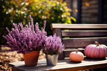 purple flower pot with pumpkin autumn season wooden terrace balcony beautiful house ideas concept - obrazy, fototapety, plakaty
