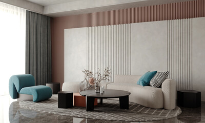 Modern luxury interior of living room with cozy sofa and poster canvas on empty wall background. 3d rendering.

