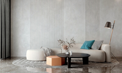 Modern interior of living room with grey sofa and cyan chairs on empty white concrete wall background. 3d rendering.  © teeraphan