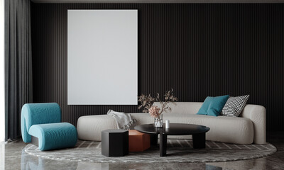 Modern luxury interior of living room with cozy sofa set  and poster canvas on empty black wall background. 3d rendering.
