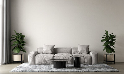 Modern minimal interior of living room with grey sofa on empty white concrete wall background. 3d rendering.
