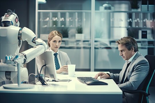 Group of white robot humanoids working in the office or factory background.