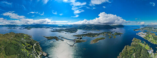 Aerial panoramic view of Islands attached by bridges in the Fjords of Norway -...