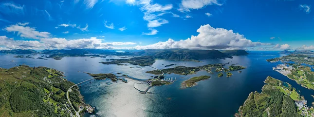 Foto op Plexiglas Atlantische weg Aerial panoramic view of Islands attached by bridges in the Fjords of Norway - Stokksund-Blikkvågane - Runde - Remøya - Leinoya