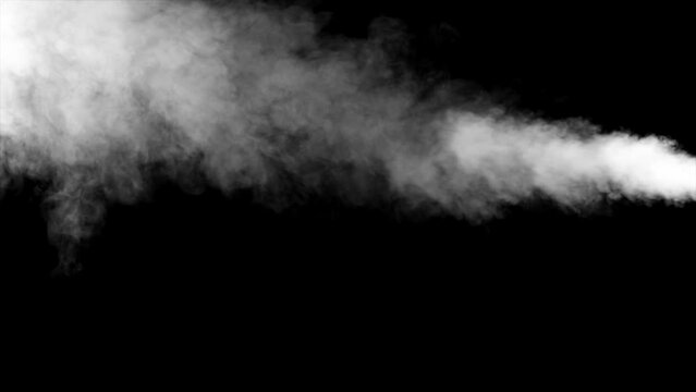 Abstract white smoke animation on a black background. Smoke, steam, explosion, fire, puff, steady vapors. Realistic smoke cloud from up and button with floating fog. Best for using in composition.
