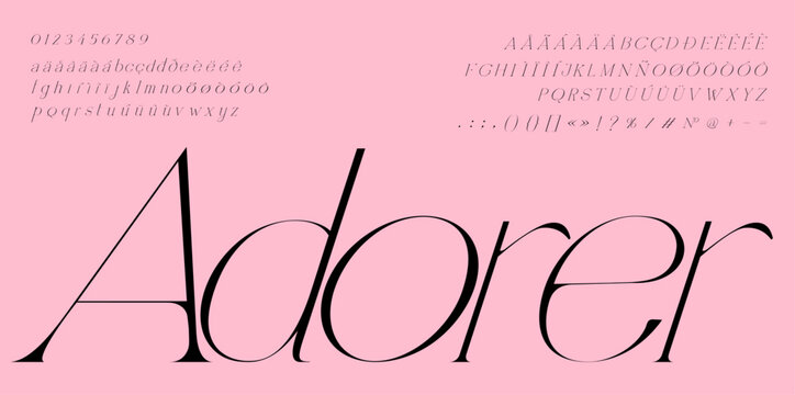 "Adorer" font Set. Lowercase and Uppercase included. Signs and nimerals. Elegant logo and fashion alphabet.	
