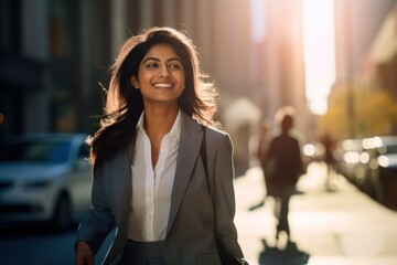 Business woman walking street smiling