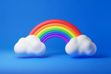 Foto op Canvas Colorful rainbow with white fluffy clouds isolated over blue background. 3D rendering. © cosmoman