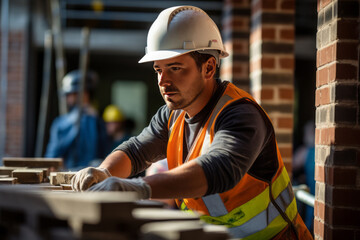 Male builder mason in a construction helmet works on building a house, laying bricks - obrazy, fototapety, plakaty