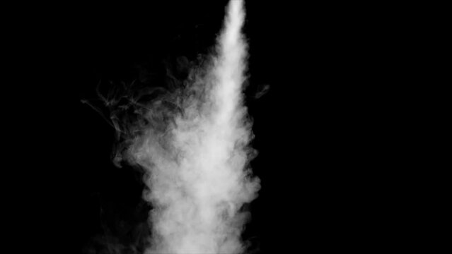 Abstract white smoke animation on a black background. Smoke, steam, explosion, fire, puff, steady vapors. Realistic smoke cloud from up and button with floating fog. Best for using in composition.