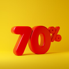 Red seventy percent or 70 % isolated over yellow background. 3D rendering.