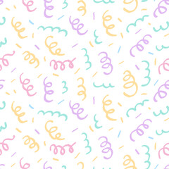 Wavy Seamless cute squiggle Pattern. Seamless print of colorful abstract squiggles print, scribble spiral and wavy lines. Pastel Chaotic ink brush scribbles. Vector illustration.