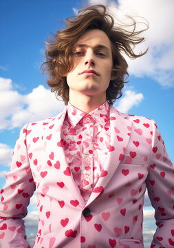 portrait of a handsome young man wearing a pink suit with printed red hearts, standing with blue sky in background. Valentine concept. Generative AI