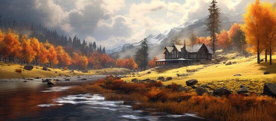 During my holiday I plan to travel to a picturesque park with stunning autumn landscapes featuring golden leaves white icy mountains and a tranquil house nestled in nature all while apprecia