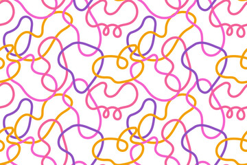 Squiggle cute naive seamless pattern. Creative bright scribble abstract style. Colored background illustration for celebration. Simple hand drawn wallpaper print.