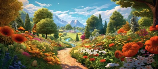 In the summer sky the vibrant blue and orange hues highlight the beauty of the blooming flowers while the lush green landscape provides a picturesque background for the garden s natural bea - obrazy, fototapety, plakaty