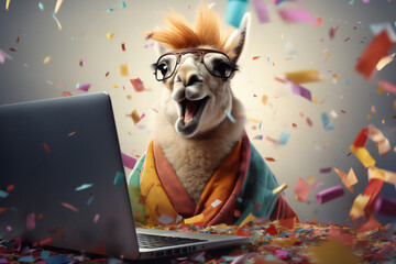 Lama with a banner, laptop. happy online shopping. colourful confetti popper falling on isolated black background. Holiday celebration concept. Sale
