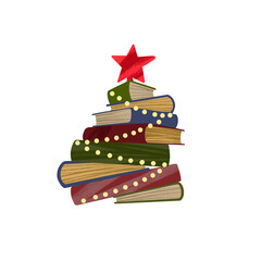 Christmas tree from books. Pile of  books, garland and red star close up. Concept of Christmas holiday. Reading books during the Christmas holidays