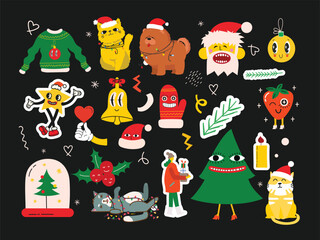 Groovy hippie Christmas stickers. Santa Claus, Christmas tree, gifts, rainbow, peace, groovy and bright, star in trendy retro cartoon style. Merry Christmas and Happy New year.