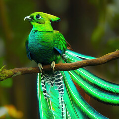 Quetzal (Pharomachrus mocinno) is a resplendent bird-of-paradise with iridescent green plumage, found in Central America and Mexico.