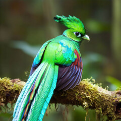 Quetzal (Pharomachrus mocinno) is a resplendent bird-of-paradise with iridescent green plumage, found in Central America and Mexico.