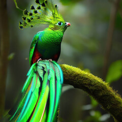 Quetzal (Pharomachrus mocinno) is a resplendent bird-of-paradise with iridescent green plumage, found in Central America and Mexico.