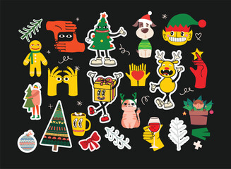 Fototapeta premium Groovy hippie Christmas stickers. Santa Claus, Christmas tree, gifts, rainbow, peace, groovy and bright, star in trendy retro cartoon style. Merry Christmas and Happy New year.