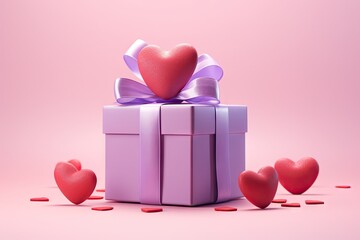 Valentine present with purple heart floating on pink background Generative AI