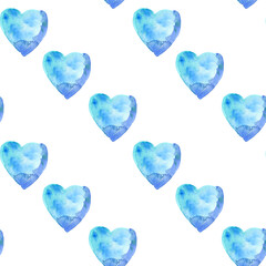 Seamless pattern of watercolor blue hearts. Hand drawn illustration in diagonal line. Hand painted elements on white background.