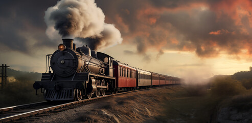 Obraz premium Vintage railway steam locomotive moving among flat terrain. Generative AI