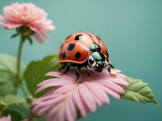 Fototapeta premium Ladybug on a flower in pastel colors and a complementary background color