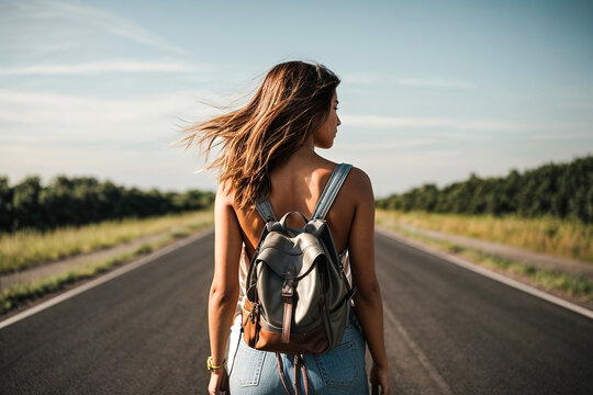 A girl with her back turned with a backpack on her back walks along an asphalt path in an open space on a clear day