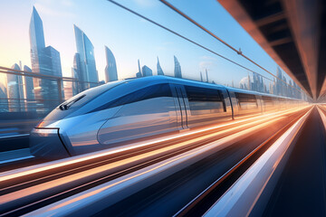 Futuristic high speed train ride over cityscape. Generative AI