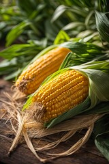 Harvested corn in the husk and slightly peeled is standing on the table in the field