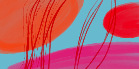 Bright hand-drawn abstract modern art.  Pink red orange ovals on a blue background. A design element of a fabric print, a poster. Poster for the interior