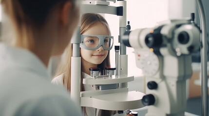 A little girl at an ophthalmologist's appointment. The child is tested on optometric equipment. Health concept. - obrazy, fototapety, plakaty