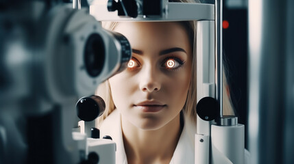A woman at an appointment with an ophthalmologist, checking her vision using optometric equipment. Checking a patient's vision in an ophthalmology clinic. Eye clinic treatment concept.