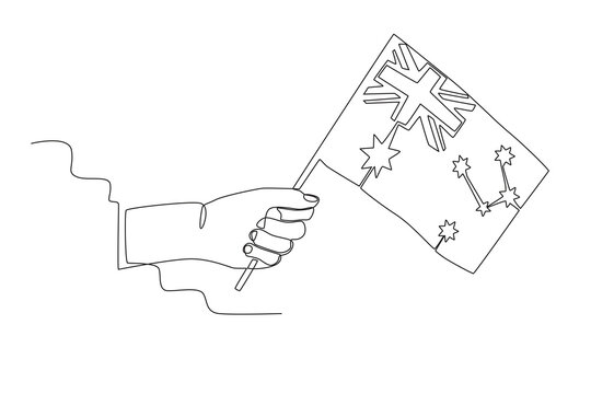 A hand holding a small Australian flag. Australia day one-line drawing